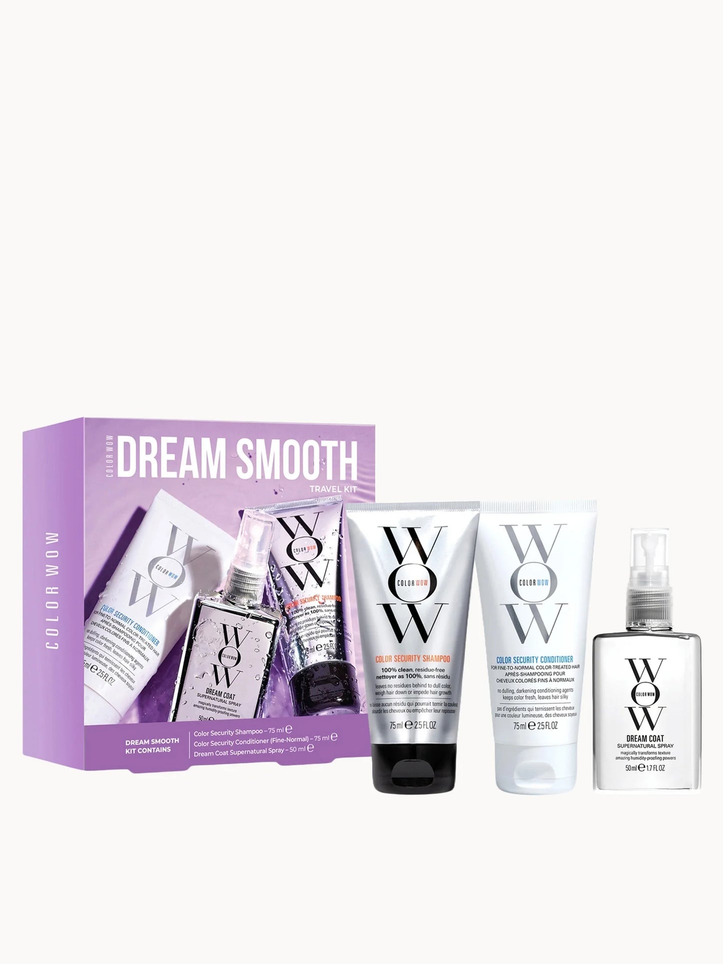 Color WOW Dream Smooth Kit featuring shampoo, conditioner and Dream Coat spray.