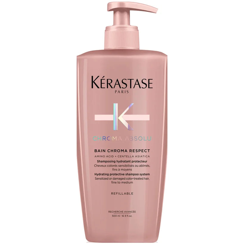 Kérastase Chroma Absolu Bain Opaque 500ml sleek pink bottle with pump dispenser and minimalist label