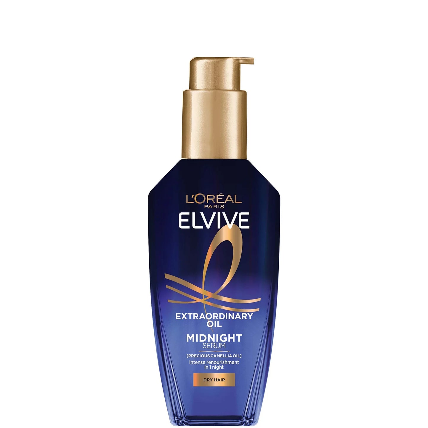 L'Oréal Paris Elvive Extraordinary Oil Midnight Nourishing Hair Treatment Serum for Dry Hair 100 ml – lightweight overnight serum infused with nourishing oils to repair and deeply moisturize dry, damaged hair, in a sleek dark bottle with gold accents