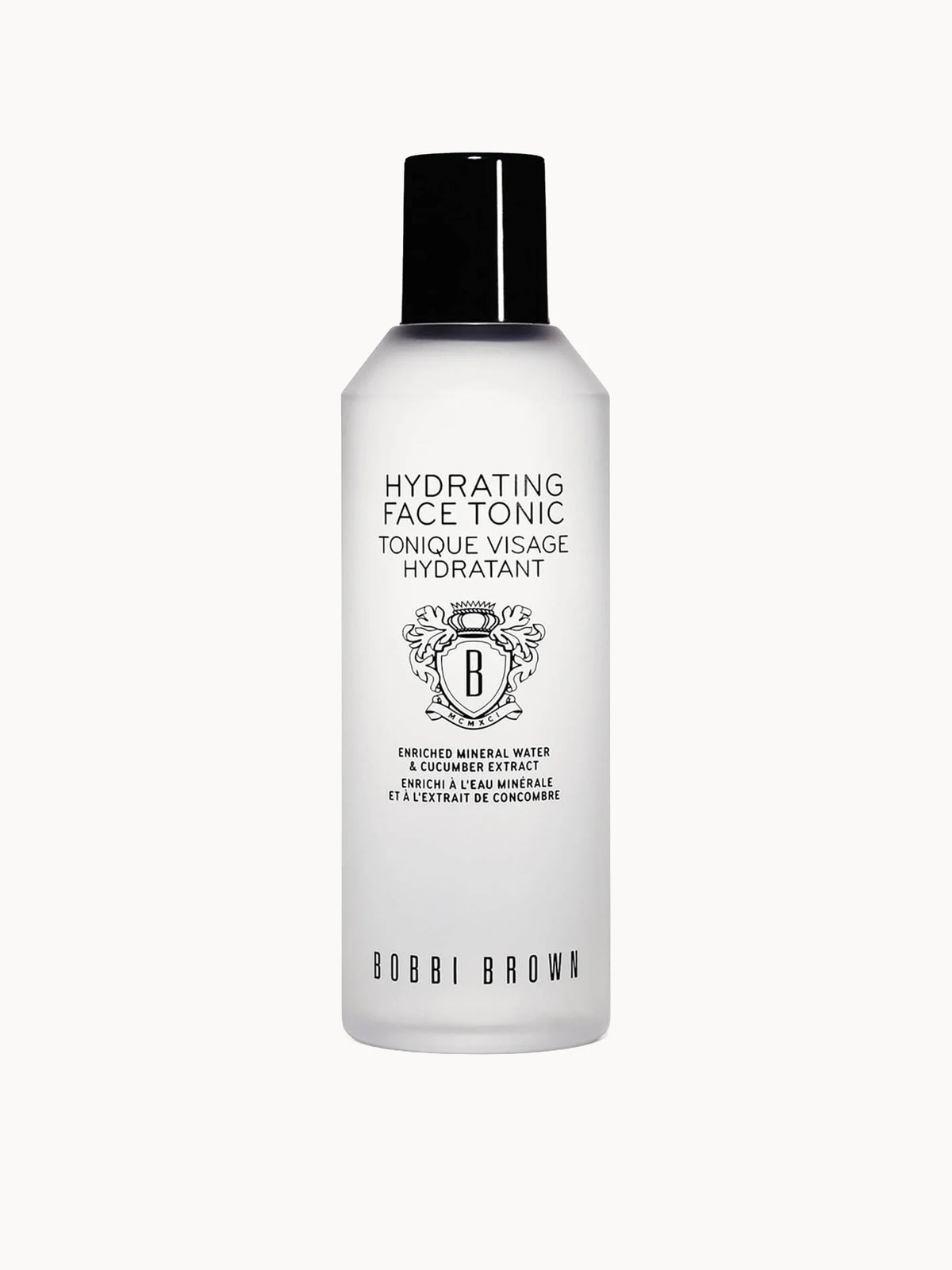 Bobbi Brown Hydrating Face Tonic 200ml, clear glass bottle with black cap and Bobbi Brown wordmark label