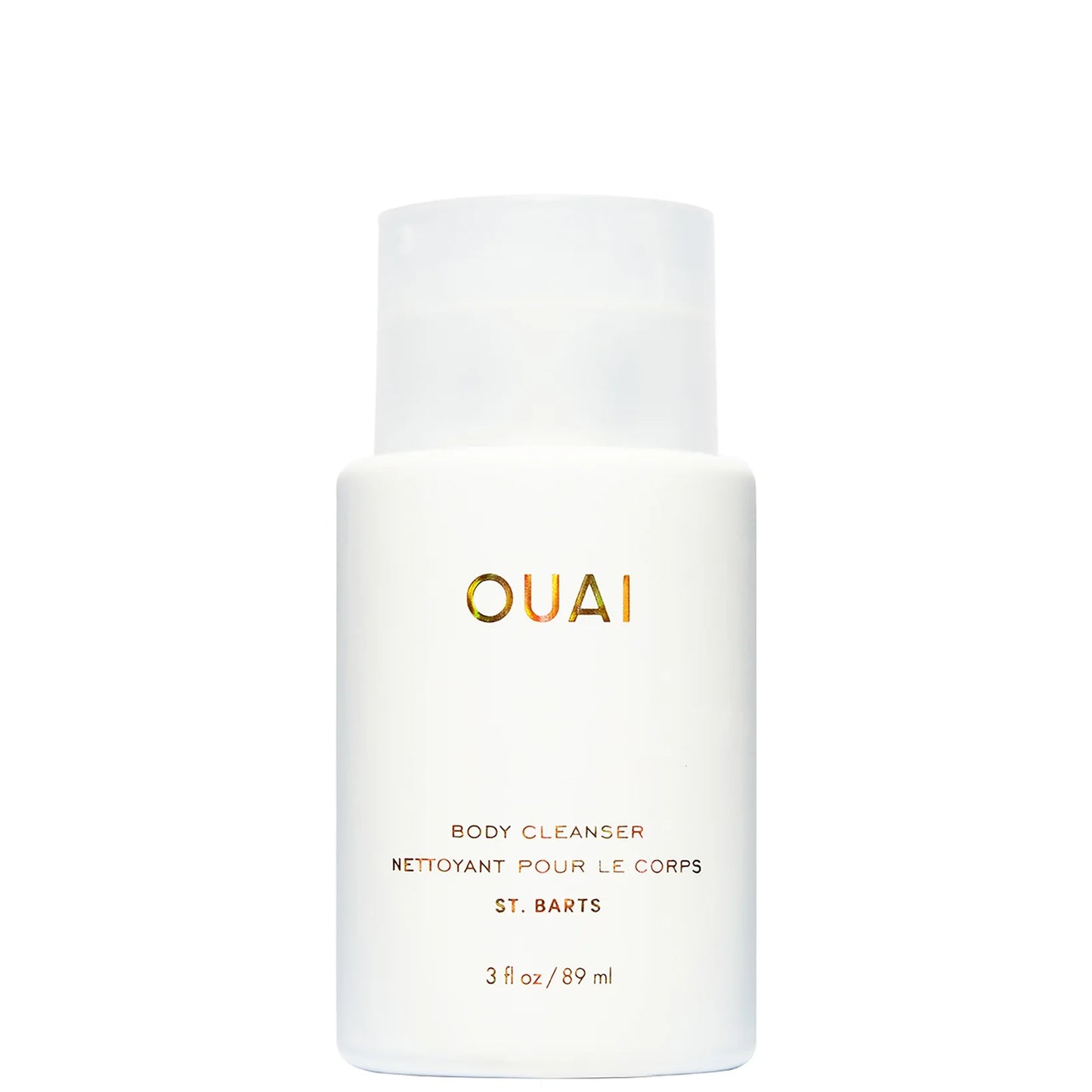 OUAI St Barts Body Cleanser Travel Size 89ml, clear mini white bottle with white and flip-top cap, featuring a tropical scent and gentle foaming formula