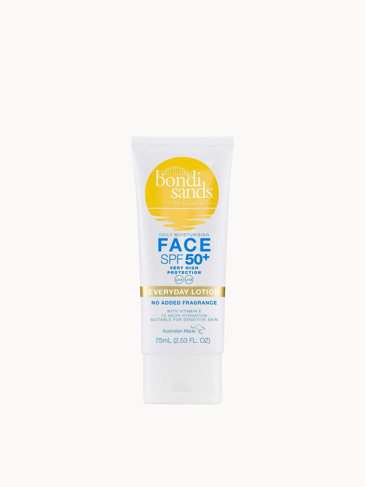 Bondi Sands Sunscreen Lotion SPF50+ - Face 75ml, white and orange squeeze tube with a flip cap