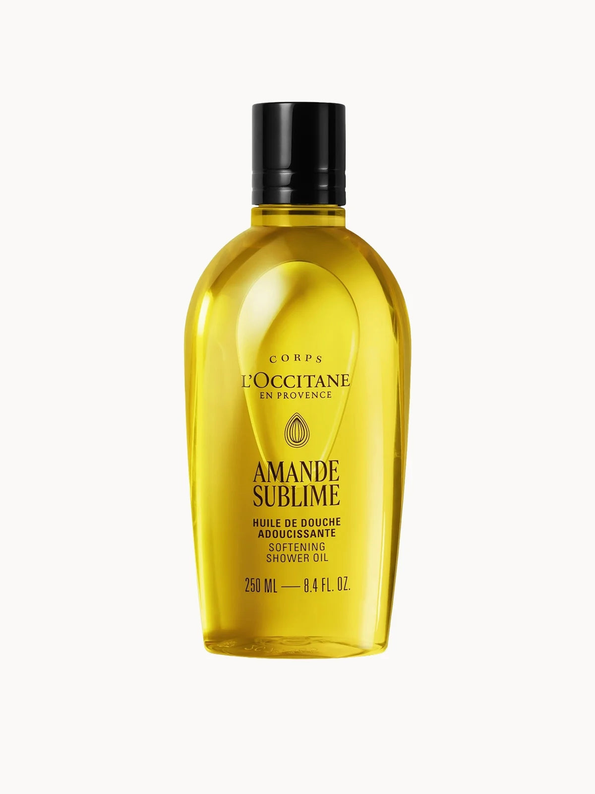 L'Occitane Almond (Amande) Shower Oil 250ml, clear bottle of golden shower oil with flip-top cap