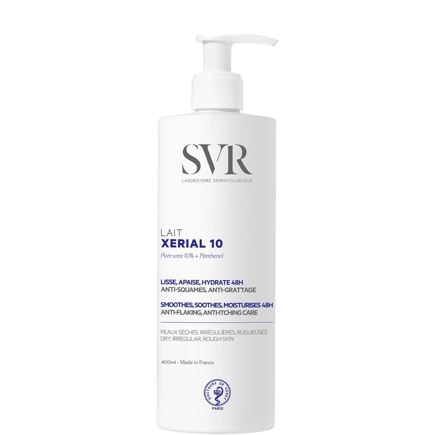 SVR Xerial 10 Rich Body Lotion 400ml in white bottle with white pump, designed for flaky and bumpy skin