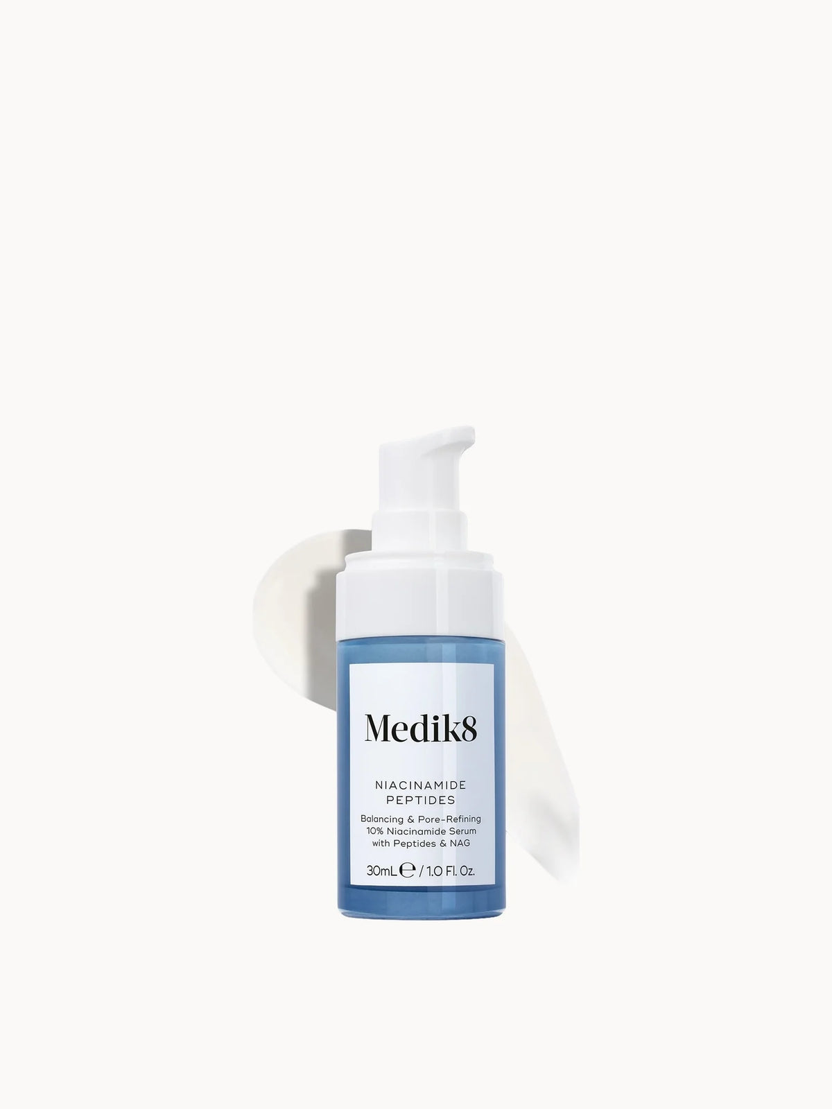 Medik8 Niacinamide Peptides 30ml, serum bottle with pump dispenser and Medik8 branding on the front label