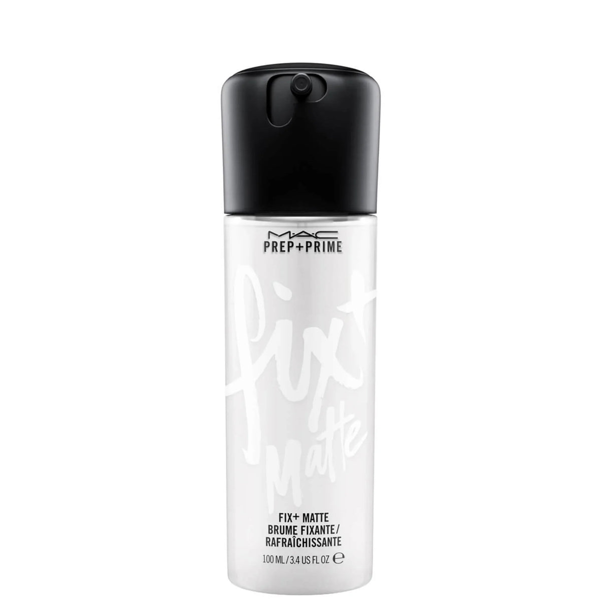 MAC Prep + Prime Fix+ Mattifying Mist 100ml, clear spray bottle with black cap and MAC Prep + Prime Fix+ branding