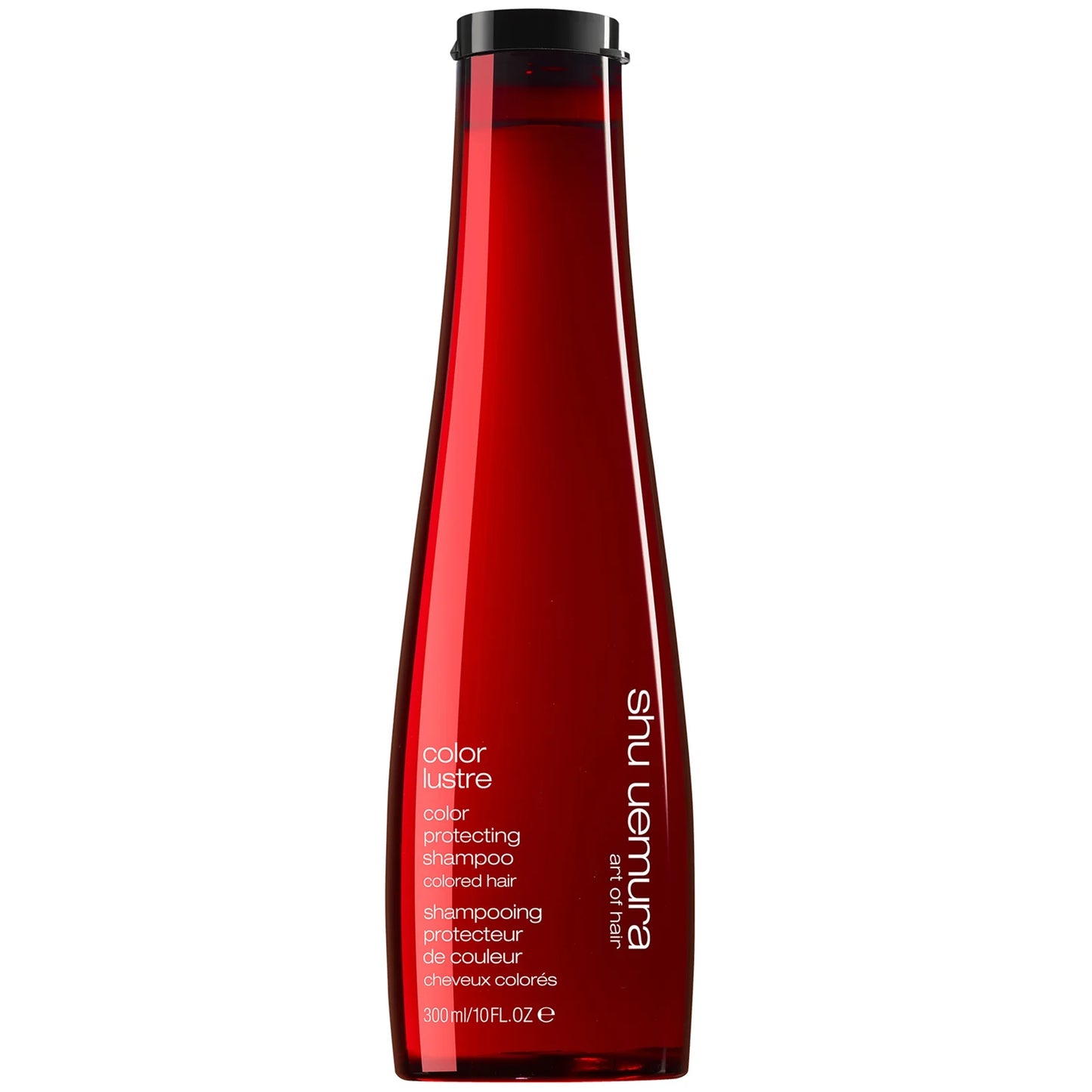 Shu Uemura Art of Hair Color Lustre Colour Protecting Shampoo for Coloured Hair 300ml – high-end shampoo in an elegant dark red bottle with flip-top cap, formulated to maintain and enhance colour vibrancy while gently cleansing dyed hair.