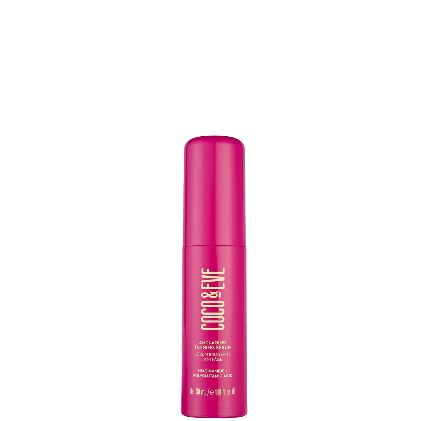 Coco & Eve Anti-Ageing Tanning Serum 30ml – Glass dropper bottle with golden tanning serum for radiant, youthful skin.