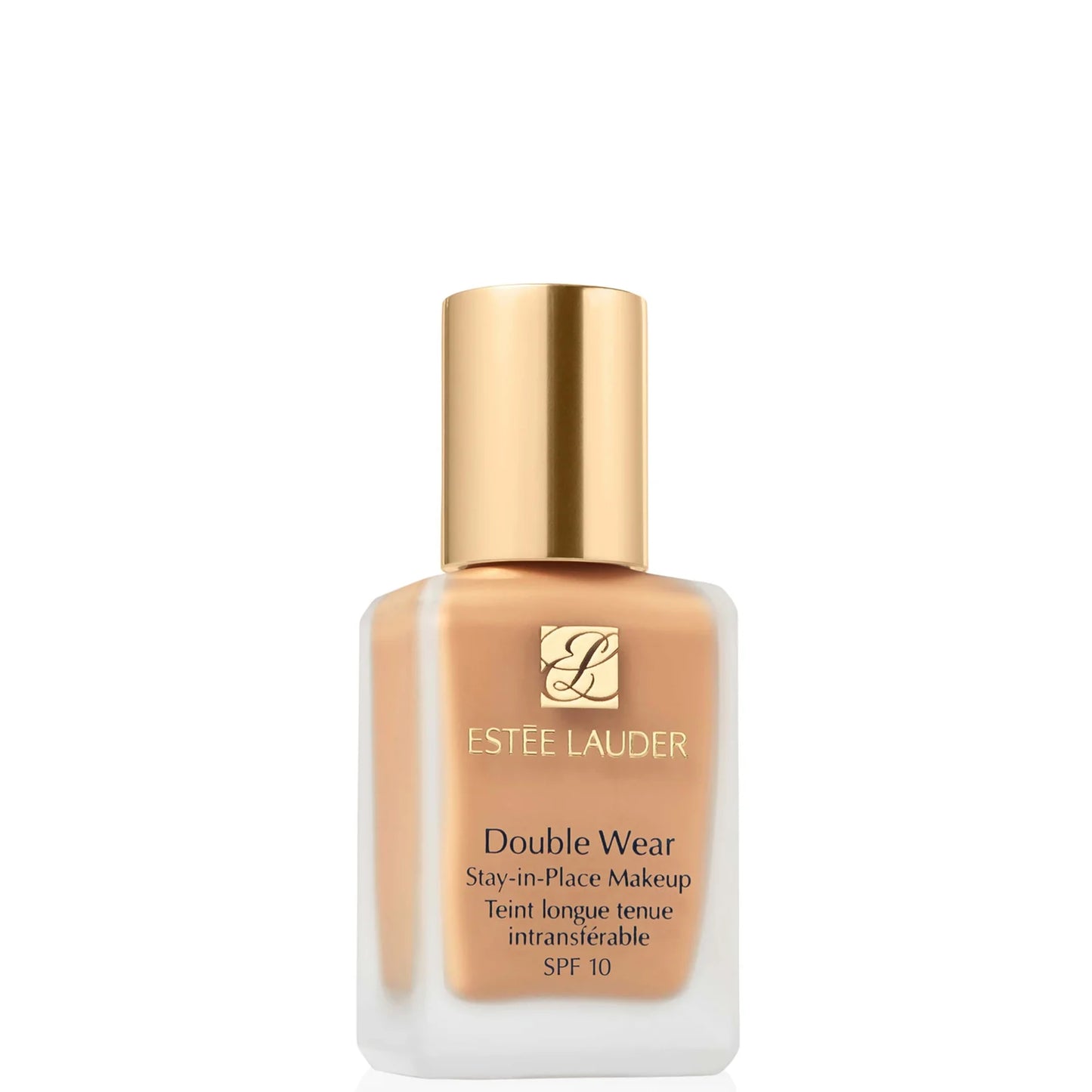 Estée Lauder Double Wear foundation in shade 2W0 Warm Vanilla, frosted glass bottle with navy cap and gold logo.