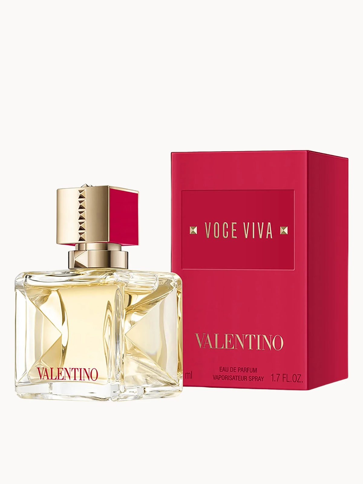 Valentino Voce Viva Eau de Parfum for Women - 50ml, angular bottle with studded gold-tone lid and red accents