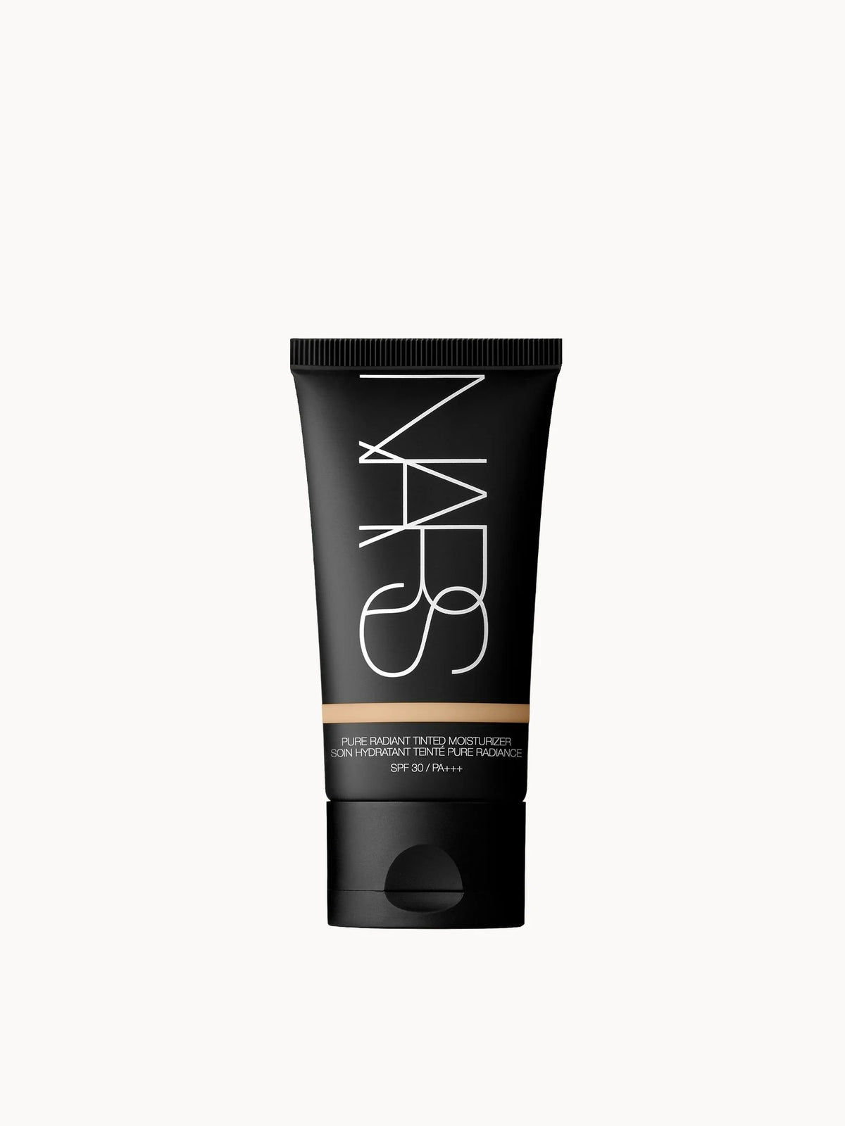 NARS Pure Radiant SPF30/Pa+++ Tinted Moisturiser - Mykonos, clear glass pump bottle with black cap and white NARS wordmark