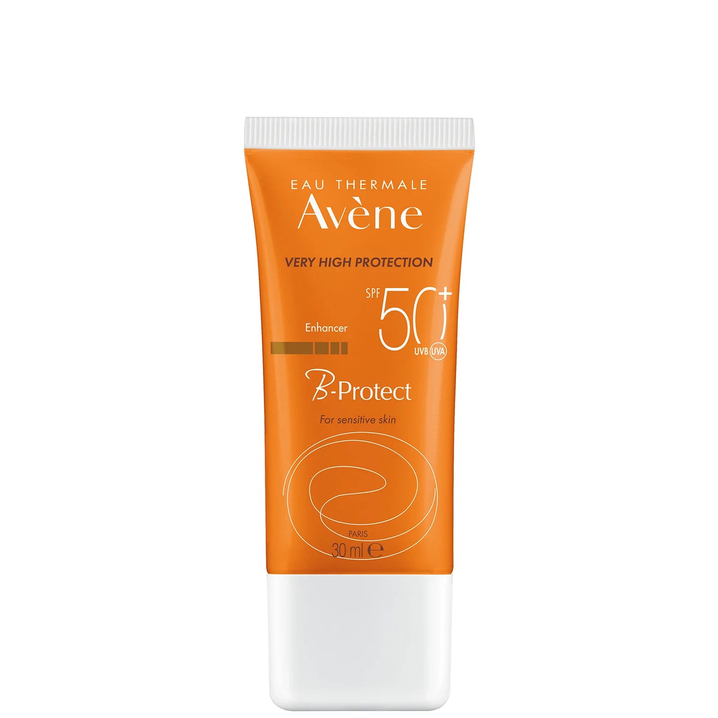 Avène Very High Protection B-Protect SPF50+ 30ml – peach-tinted sunscreen in white tube for sensitive skin, broad-spectrum UV shield with glow.