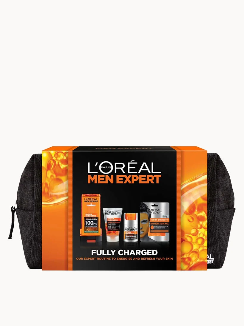 L'Oréal Paris Men Expert Fully Charged Washbag 4 piece gift set with grooming products inside a zip washbag