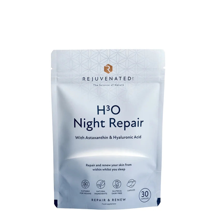 Rejuvenated Ltd H3O Night Repair individual serving capsules in a compact pot with a screw-top lid