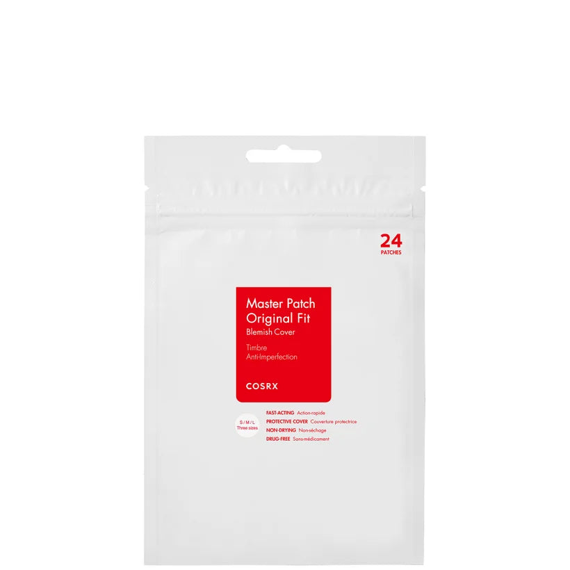 COSRX Acne Pimple Master Patch pack containing 24 hydrocolloid patches in white and red packaging