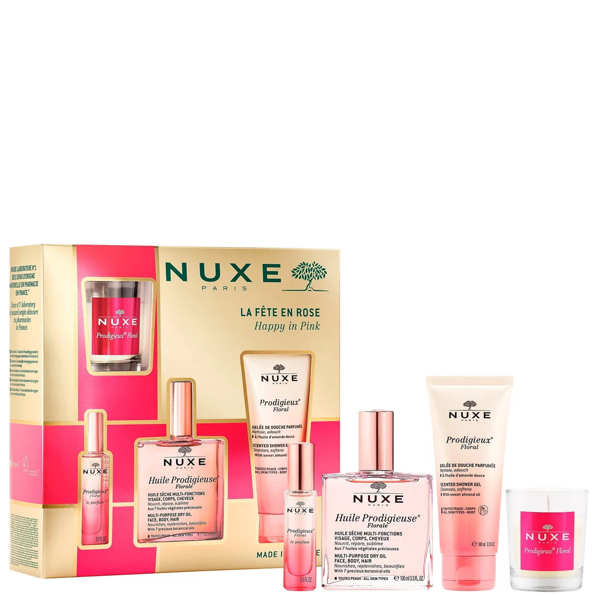 NUXE Happy in Pink Gift Set, skincare and fragrance minis in a pink pouch.