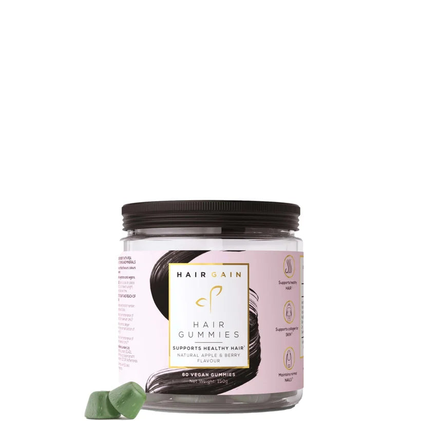 Hair Gain hair growth gummies tub containing sixty chewable supplements