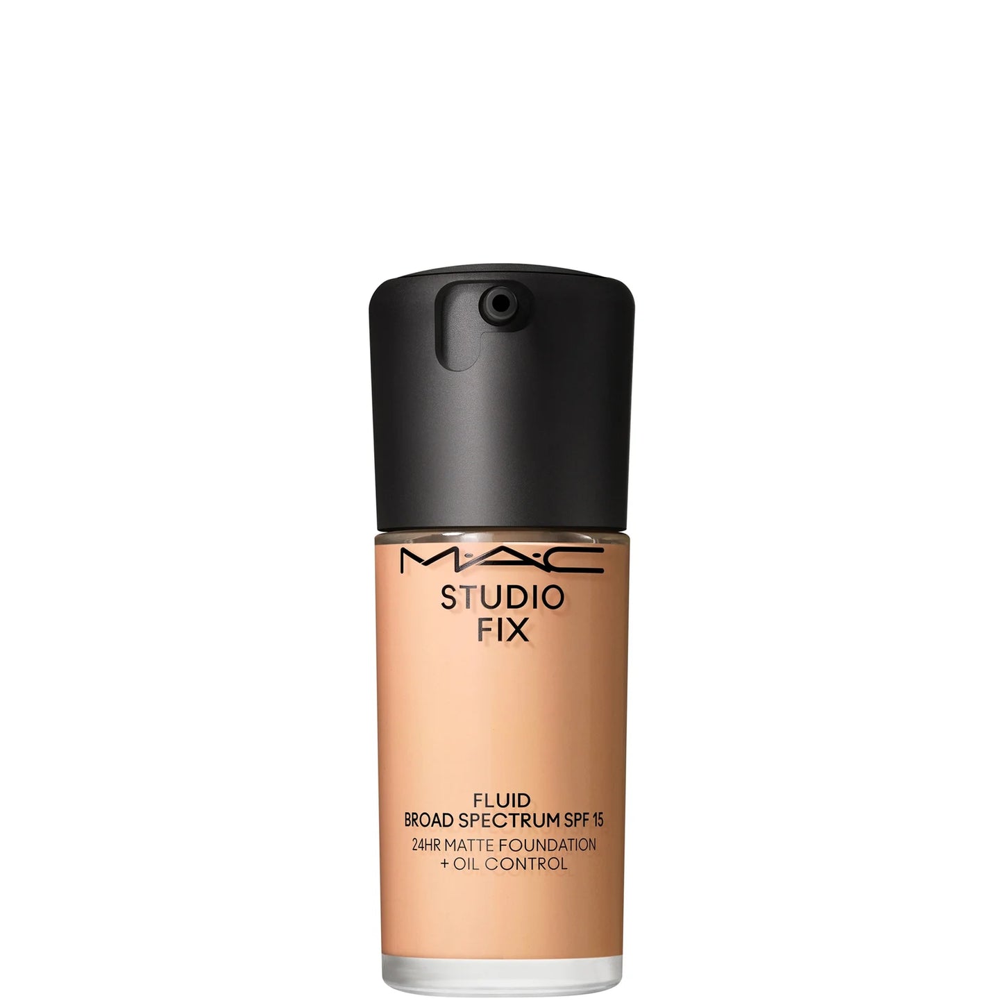 MAC Studio Fix Fluid SPF15 foundation in shade N6.5, classic glass bottle with black pump and MAC logo.