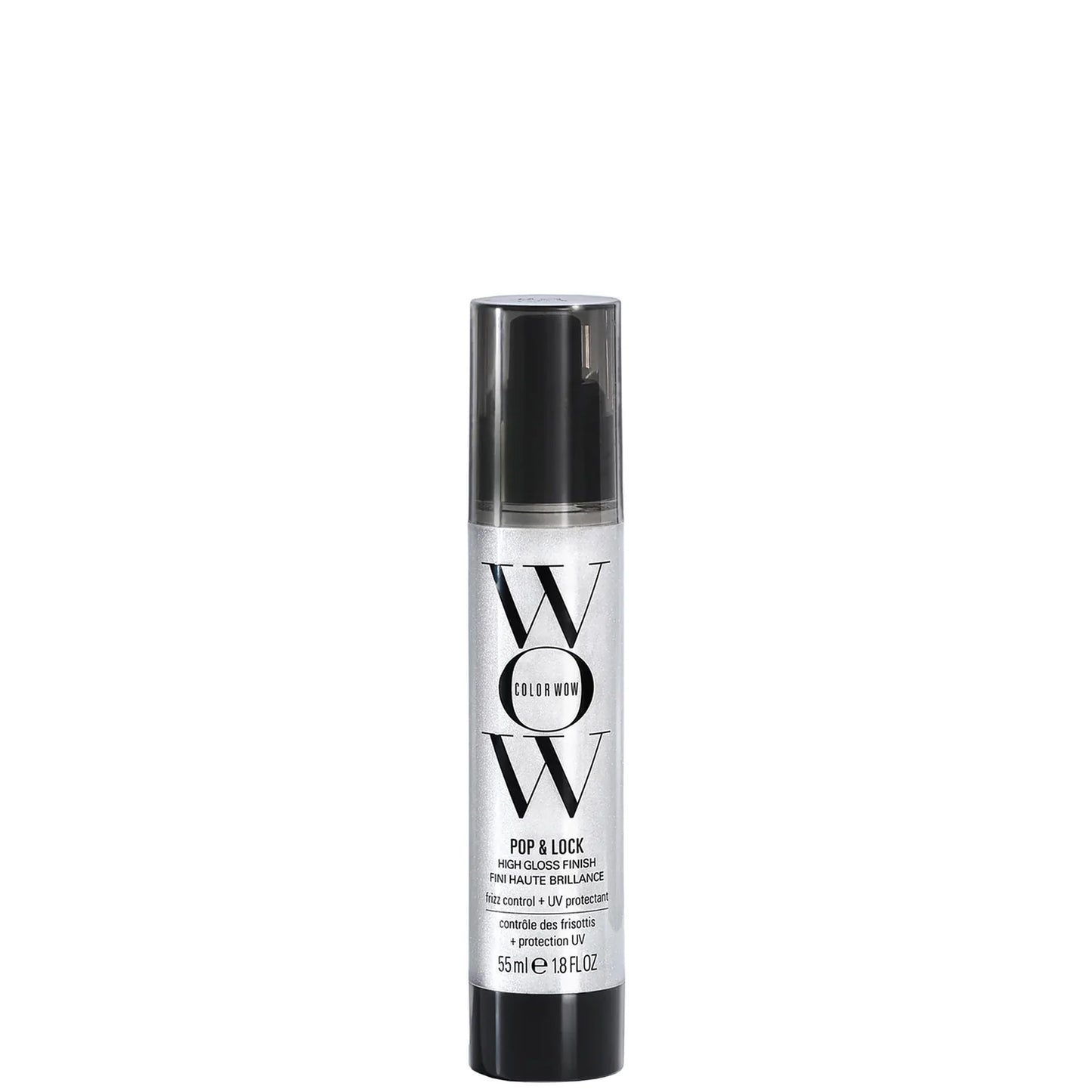 Color Wow Pop & Lock High Gloss Finish 55ml — crystal-clear shine serum with UV filter; anti-frizz gloss in squeeze tube.