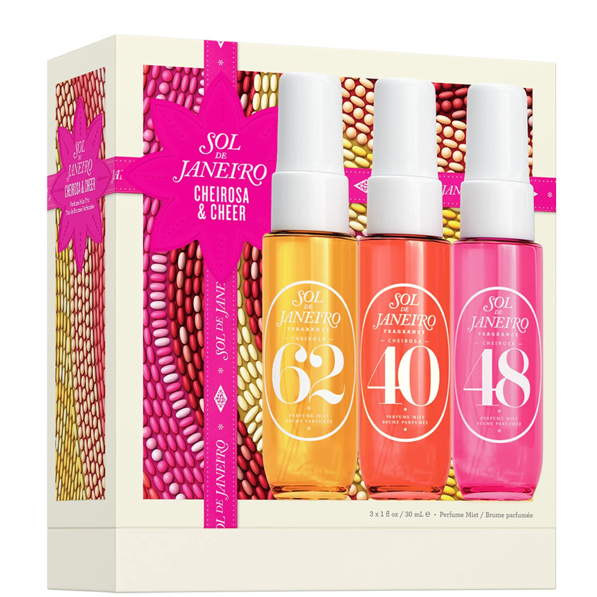 Sol de Janeiro Cheirosa & Cheer, colourful gift box with a Sol de Janeiro body mist bottle and festive branding