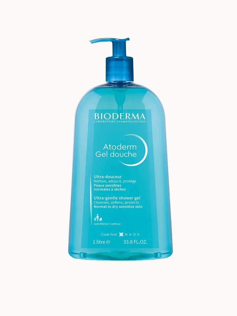 Bioderma Atoderm Shower Gel 1L, large blue pump bottle with white cap and blue Bioderma branding
