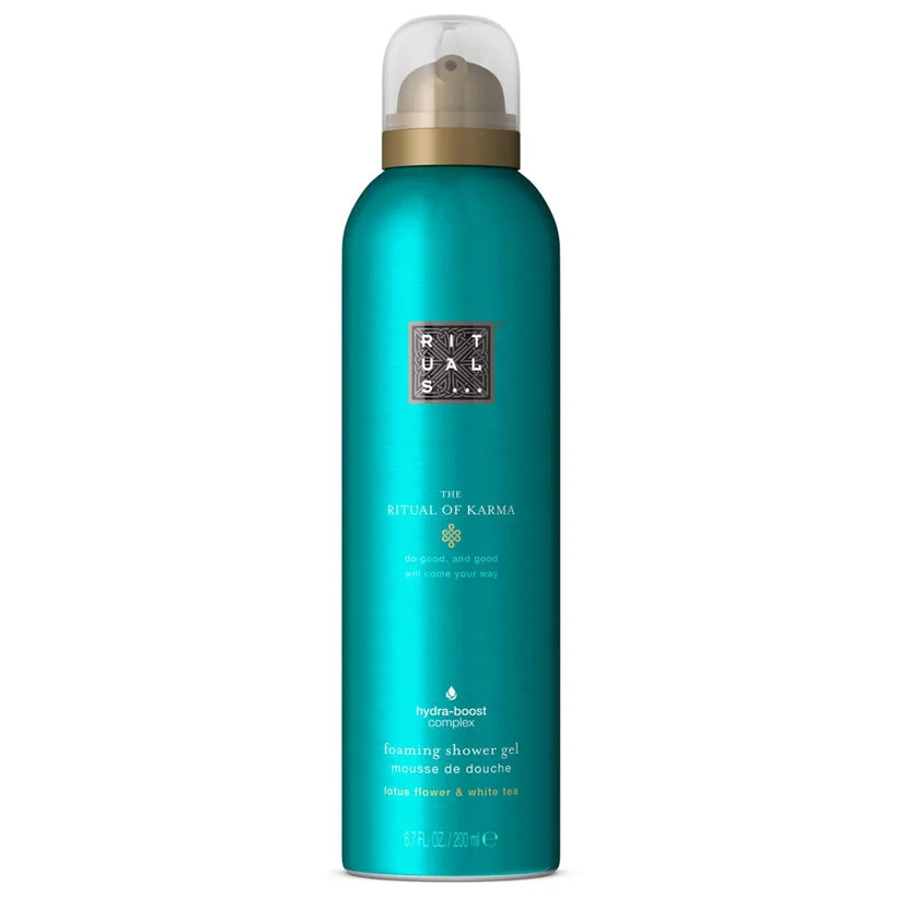 Rituals The Ritual of Karma Foaming Shower Gel 200ml aerosol can with turquoise design and white cap