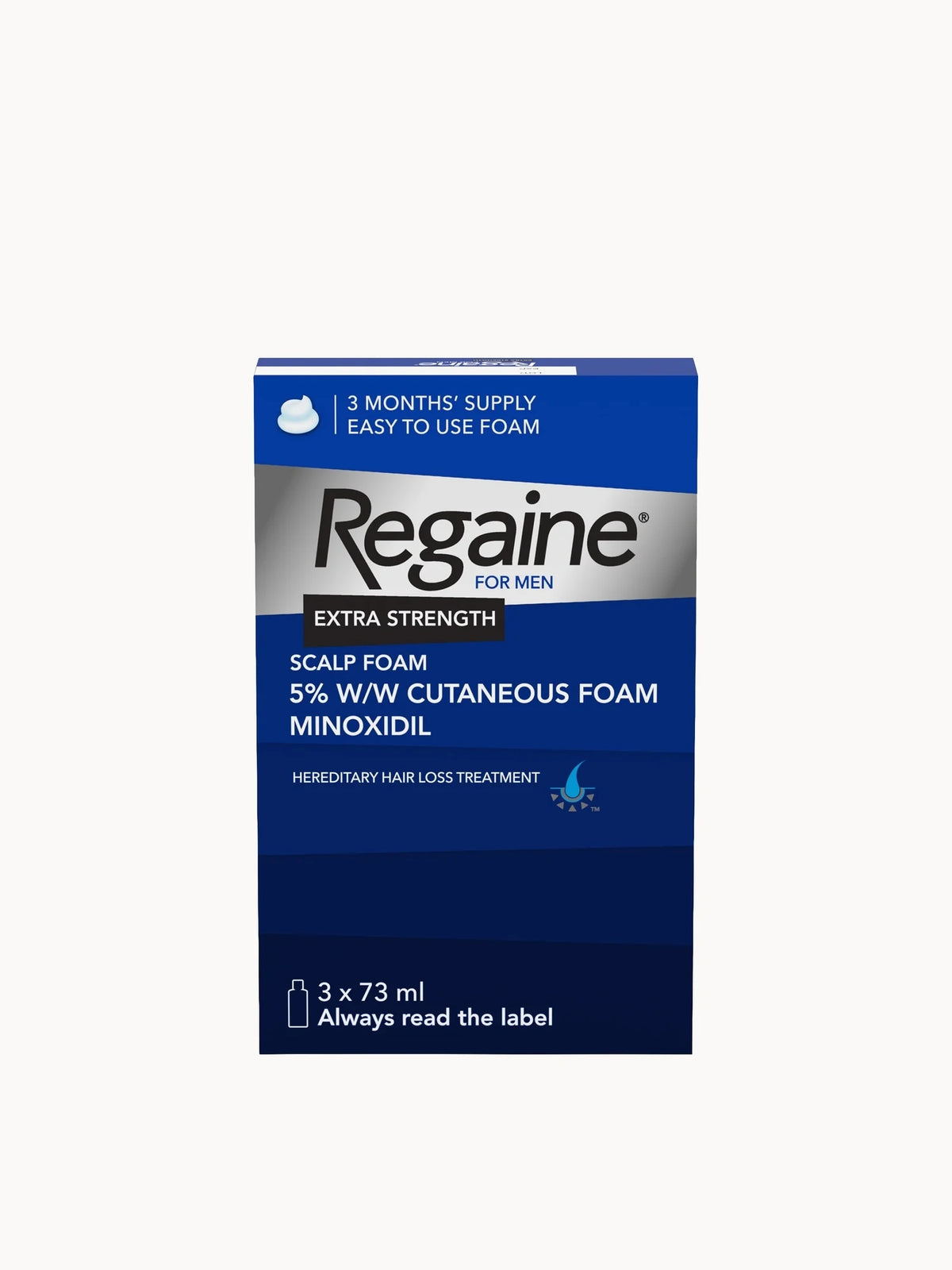 Regaine Men's Extra Strength Scalp Foam, three white and blue aerosol cans, 3-month supply