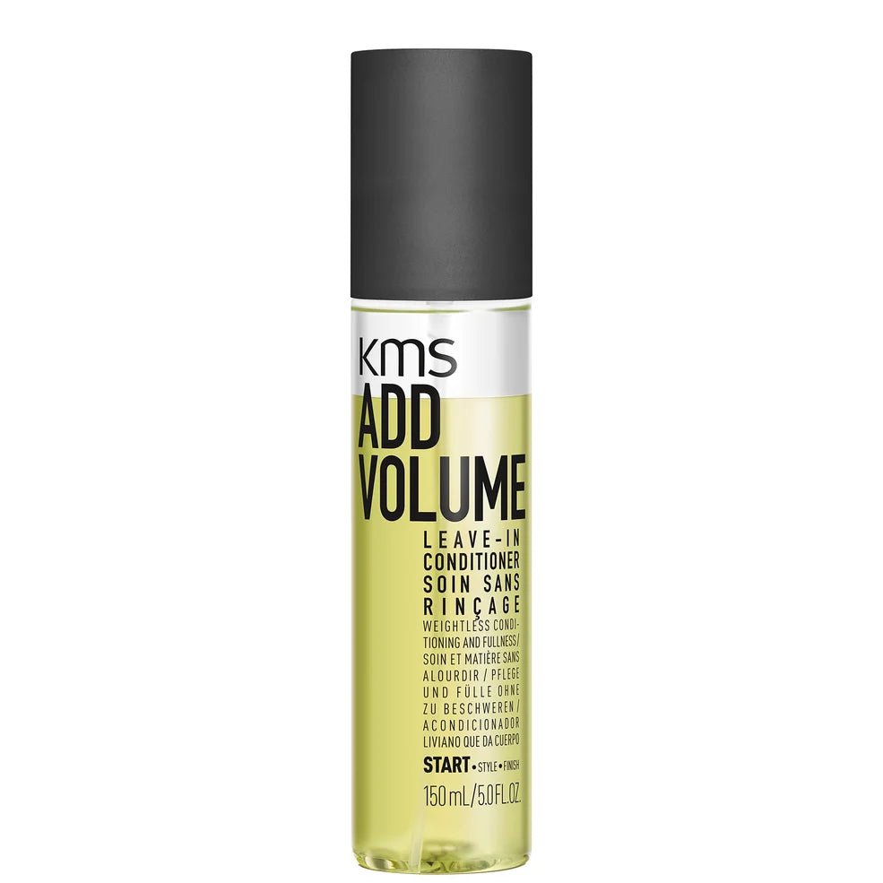 KMS Add Volume Leave‑In Conditioner 150 ml pump bottle – sleek, cylindrical packaging, lightweight leave‑in formula crafted to boost volume, detangle, and protect fine hair from heat styling.