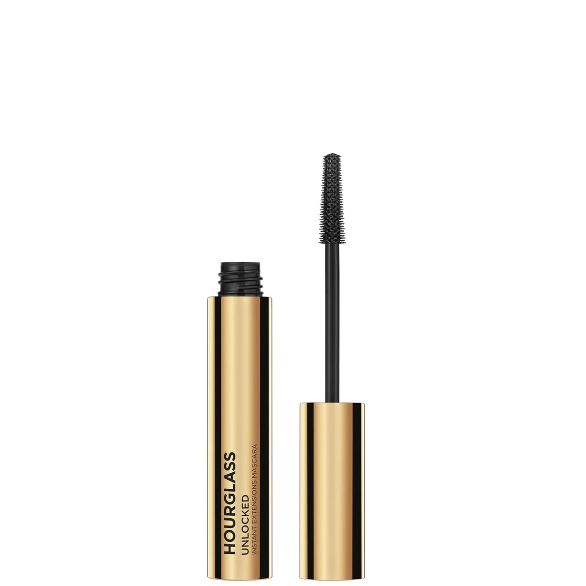 Hourglass Unlocked Instant Extensions Mascara 10g - Ultra Black, gold mascara tube with black bristle brush wand