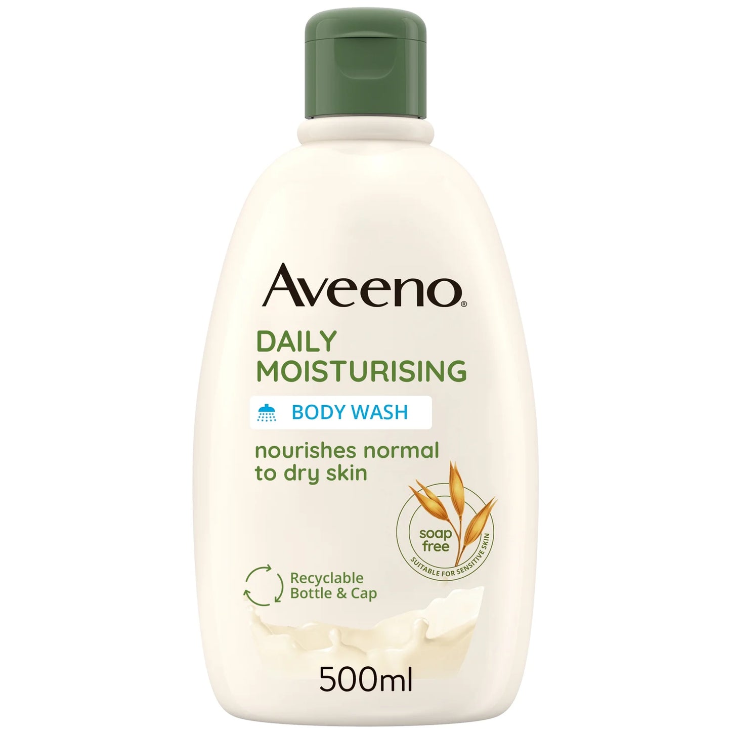 Aveeno Daily Moisturising Body Wash 500ml, beige bottle with green flip-top cap, enriched with colloidal oatmeal for dry and sensitive skin