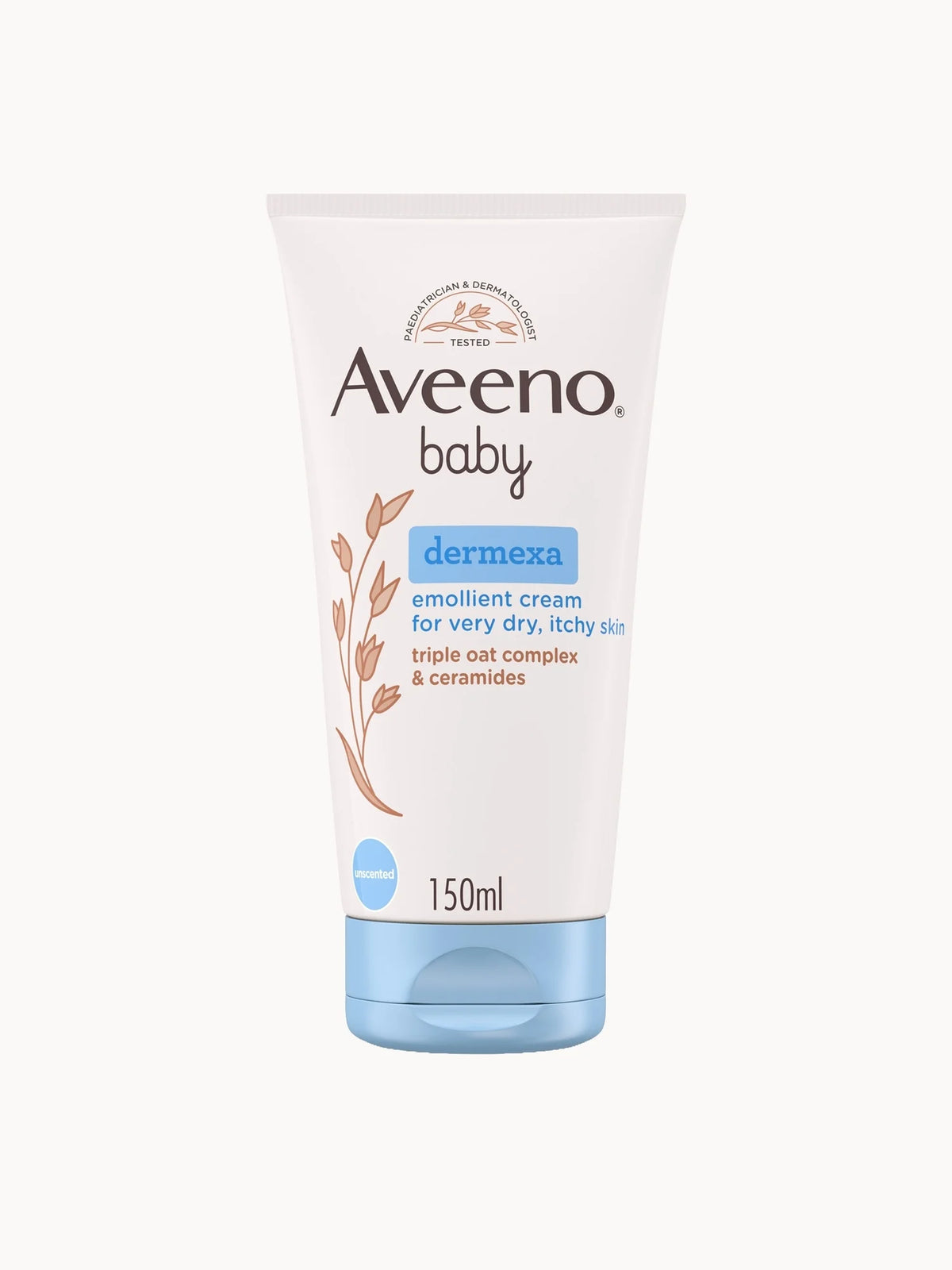 Aveeno Baby Dermexa Emollient Cream 150ml, white tube with blue cap and Aveeno Baby Dermexa branding
