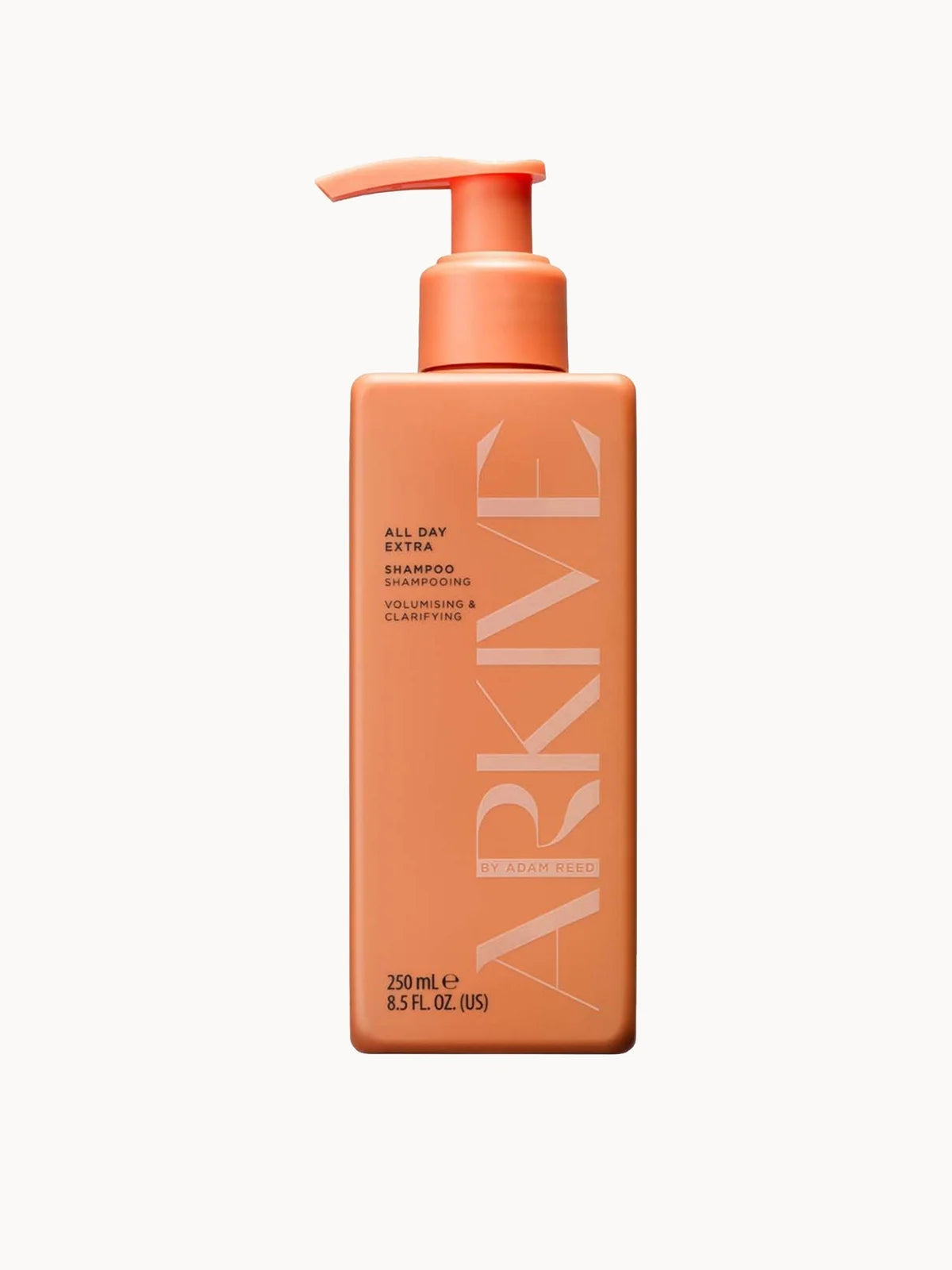 ARKIVE Headcare All Day Extra Shampoo 250ml, peach orange pump bottle with white ARKIVE All Day Extra label and vegan and B Corp marks