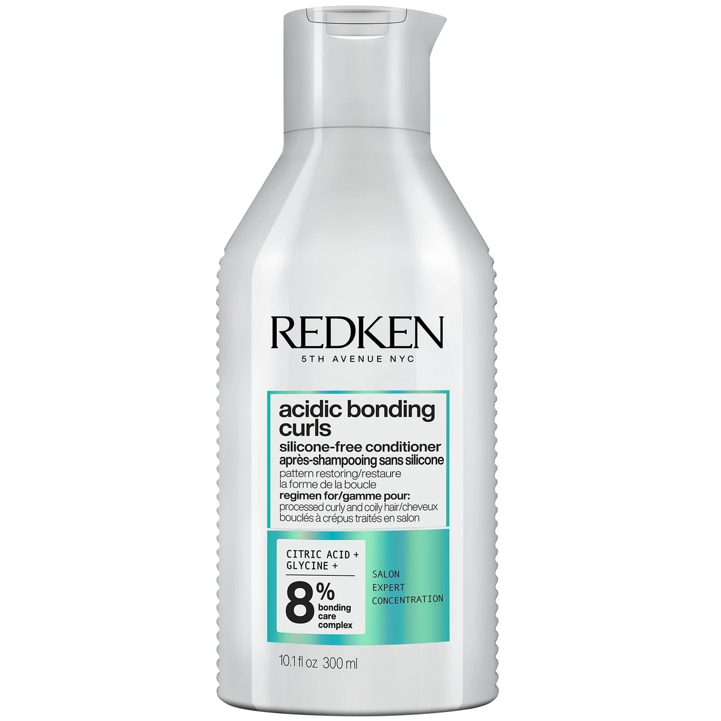 Redken Acidic Bonding Concentrate Curls silicone-free conditioner in a curved salon-style bottle, front label highlighting care for damaged curls and coils.