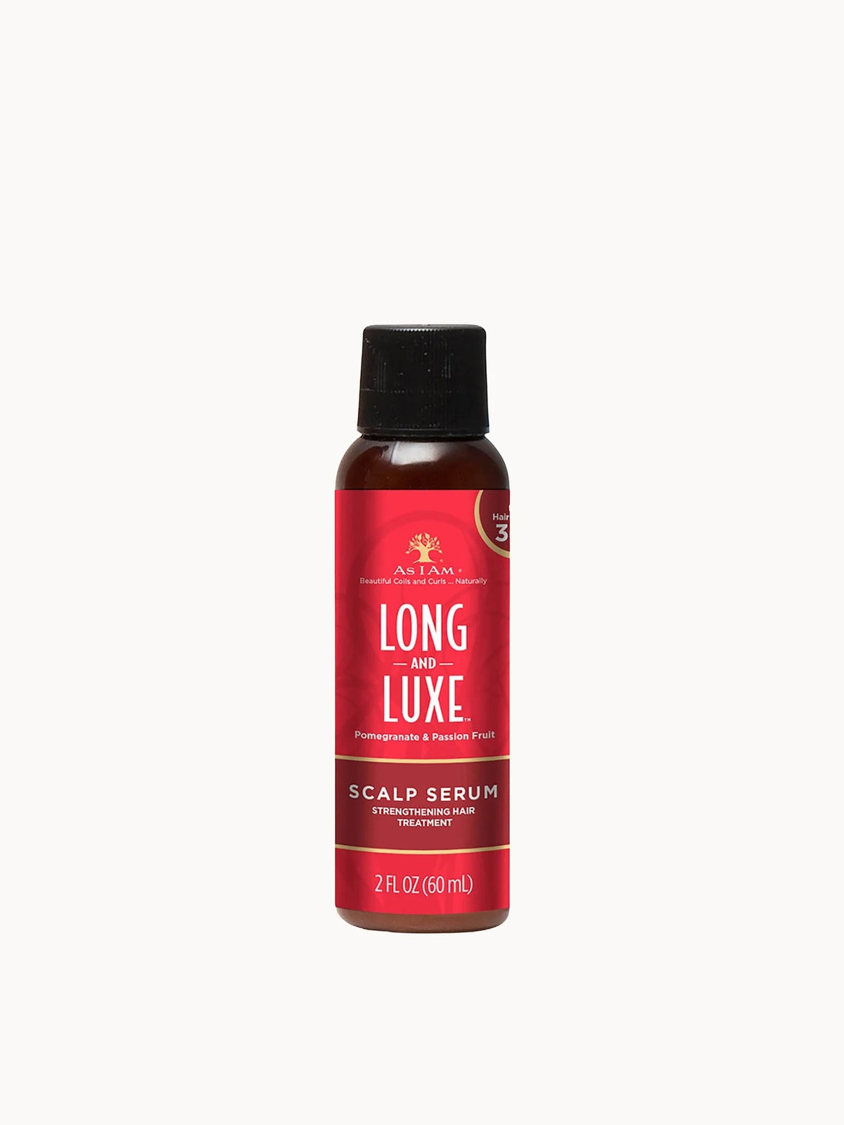 As I Am Long & Luxe Scalp Serum 60ml, clear dropper bottle with black cap and As I Am Long & Luxe branding