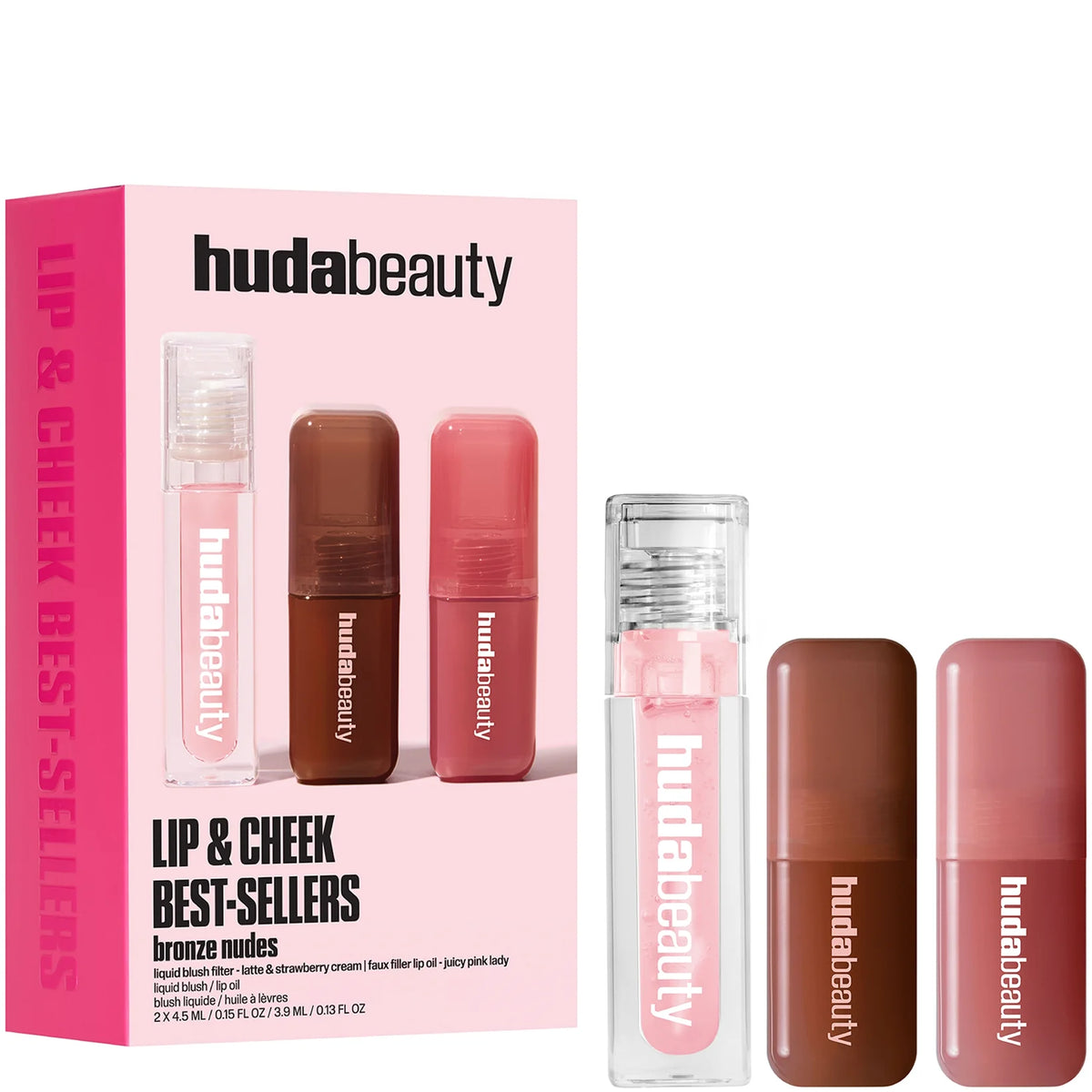 HUDA BEAUTY Bronze Nudes Lip And Cheek Best Sellers, boxed set of two liquid blushes and a lip oil