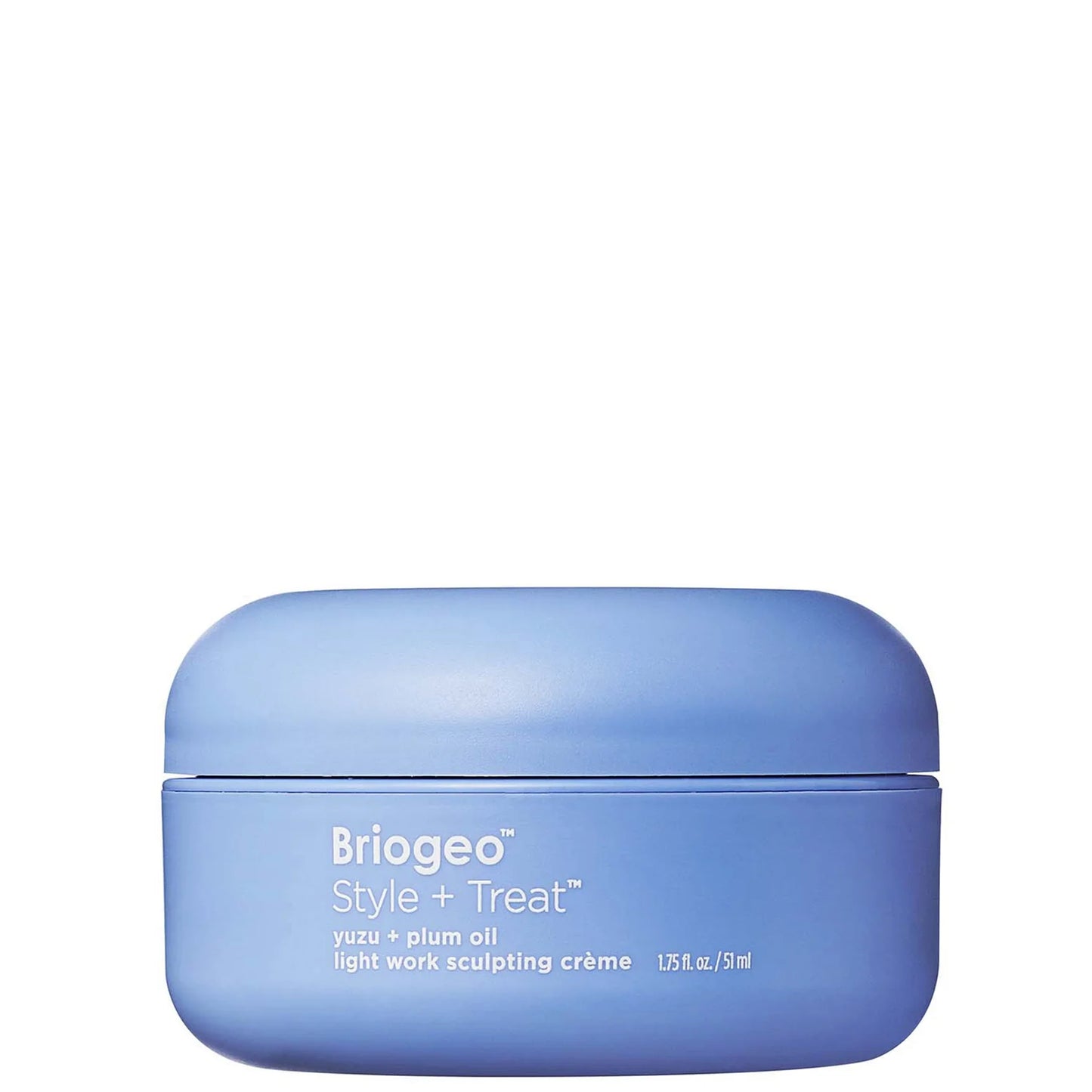 Briogeo Yuzu + Plum Oil Light Work Sculpting Crème in a compact pot, white packaging with colourful pattern around the logo.