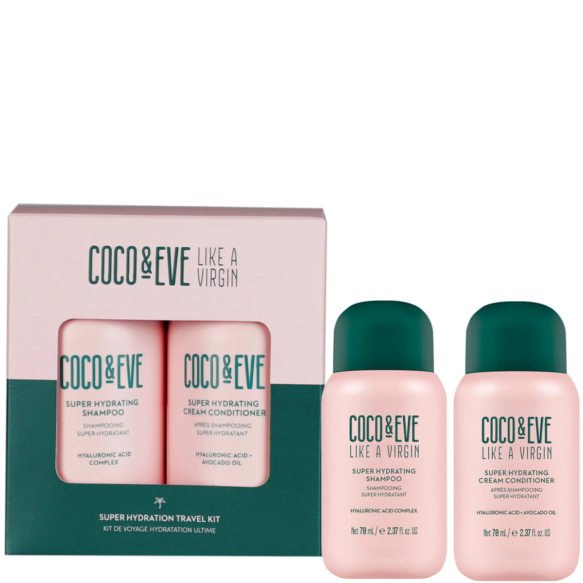 Coco & Eve Super Hydration Travel Kit, two 70ml travel-size shampoo and conditioner bottles