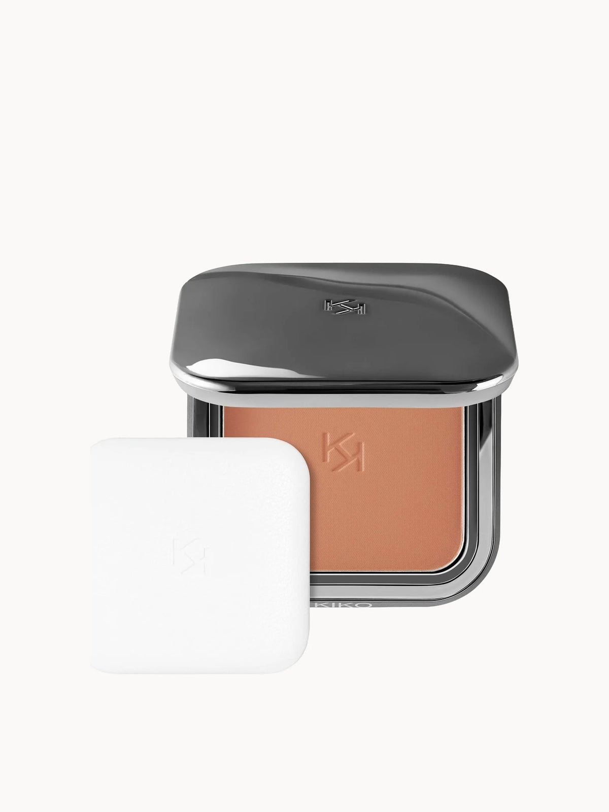 Kiko Milano Matte Fusion Pressed Powder - 12 Cappuccino, round mirrored compact with applicator