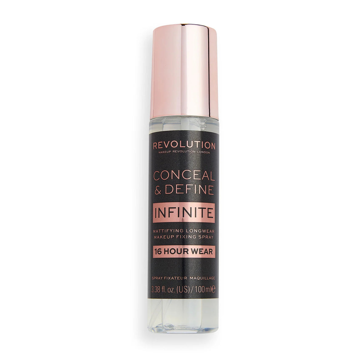 Makeup Revolution Conceal and Define Infinite Setting Spray 100ml, clear spray bottle with black cap and Makeup Revolution Conceal and Define branding