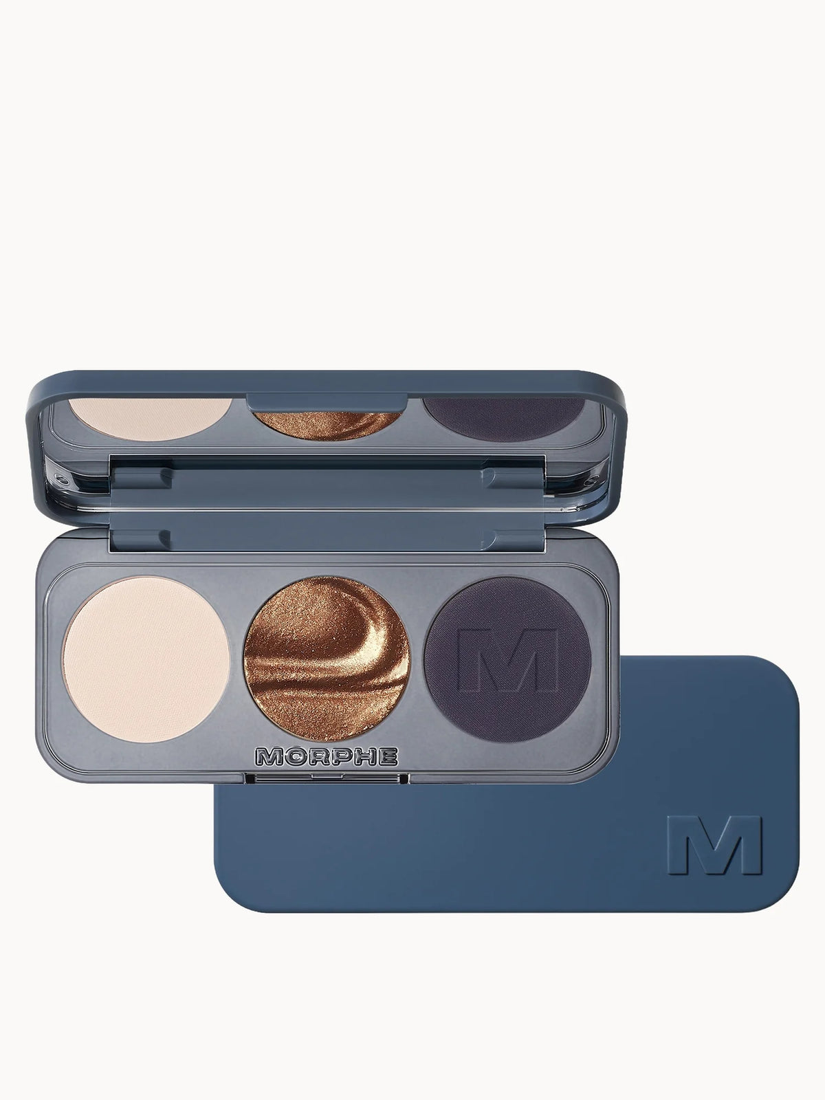 Morphe Eyeshadow Trio 3.5g - Jean Spirited, slim black compact with a built-in mirror and three eyeshadow pans in cream, copper and navy