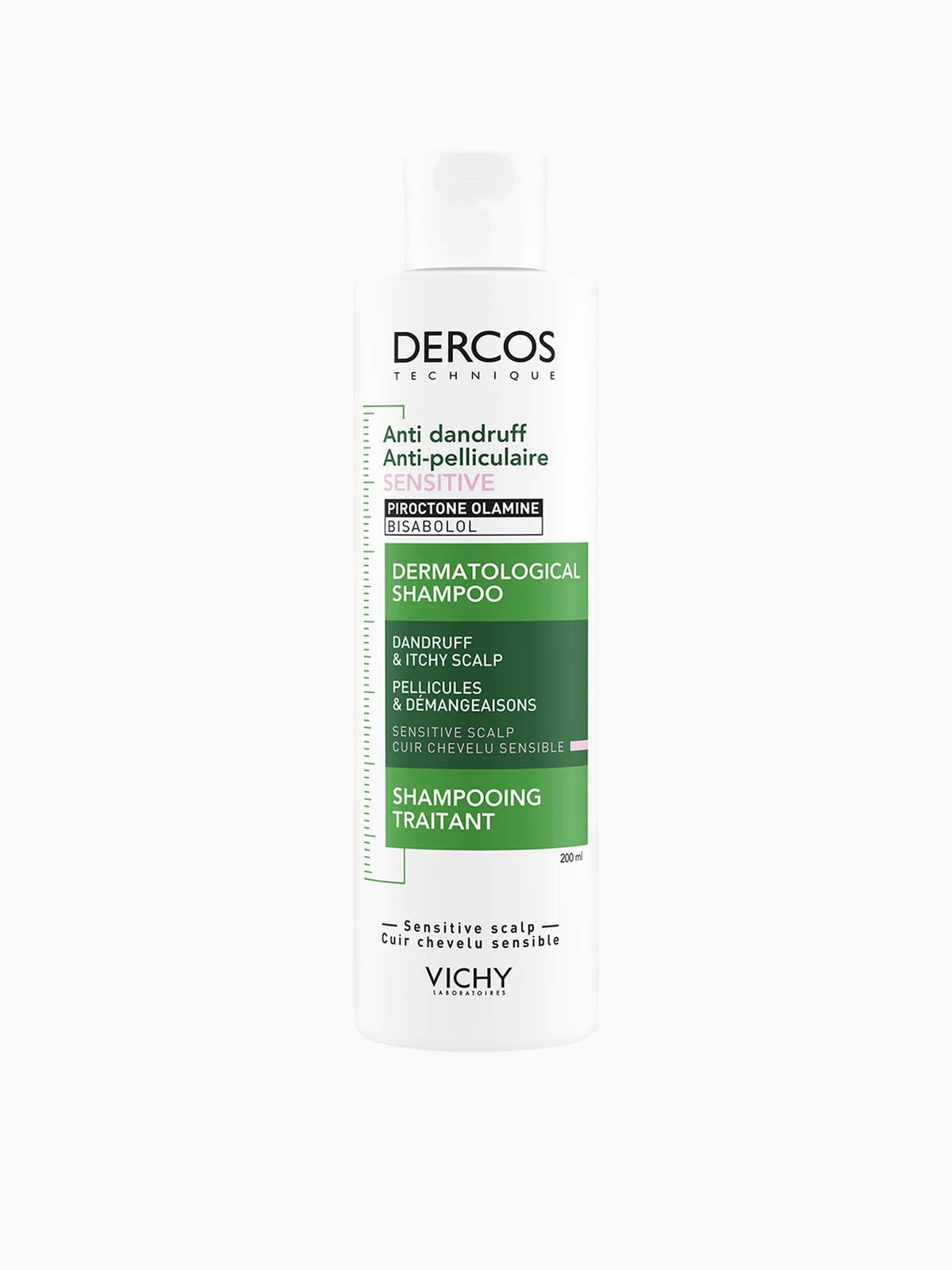 VICHY Dercos Anti-Dandruff Shampoo for Sensitive Scalps 200ml, clear bottle with green cap and VICHY Dercos branding