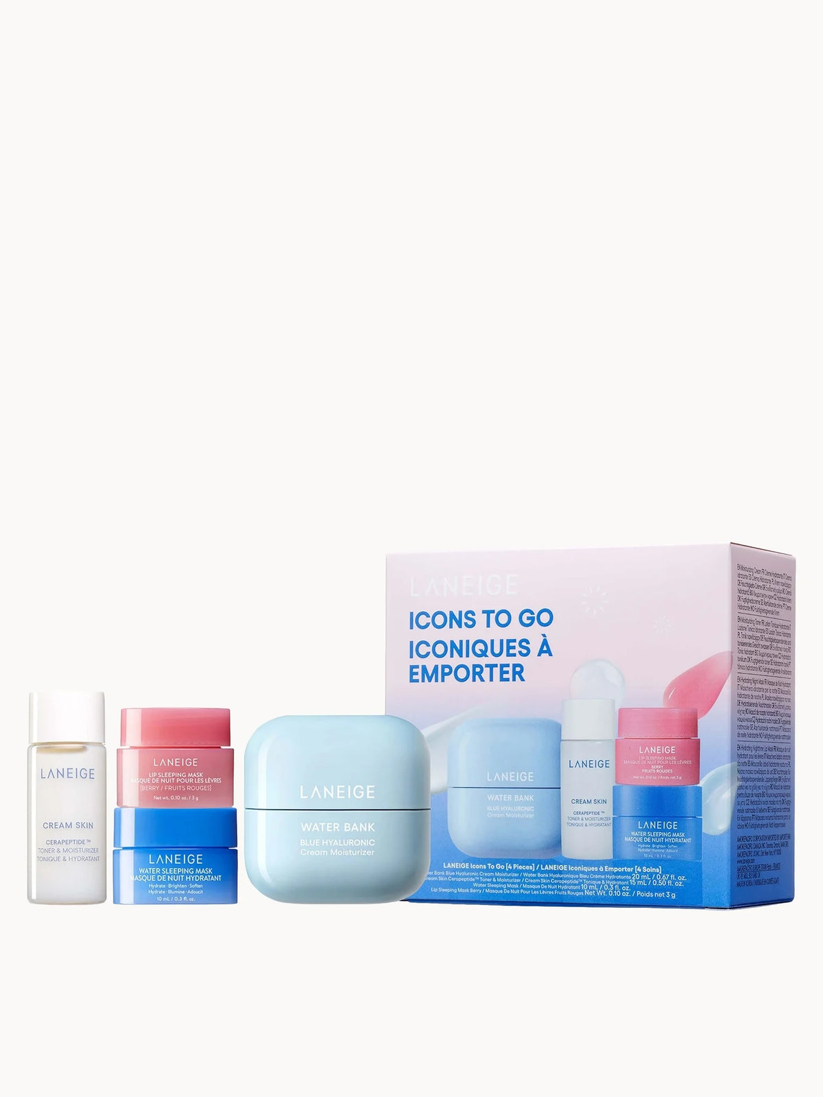 LANEIGE Icons To Go Set, pastel-coloured box with LANEIGE branding and mini product silhouettes