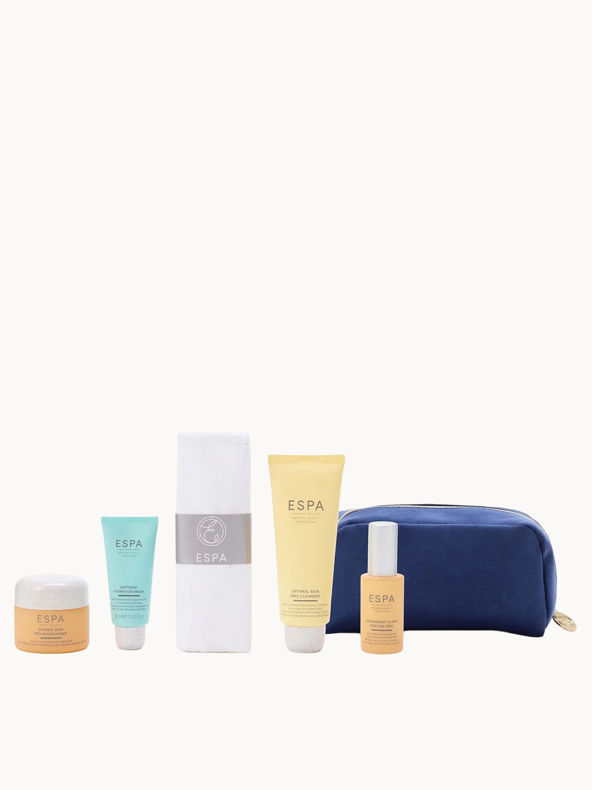 ESPA Radiant Glow Collection, box with a few skincare bottles and ESPA minimalist branding
