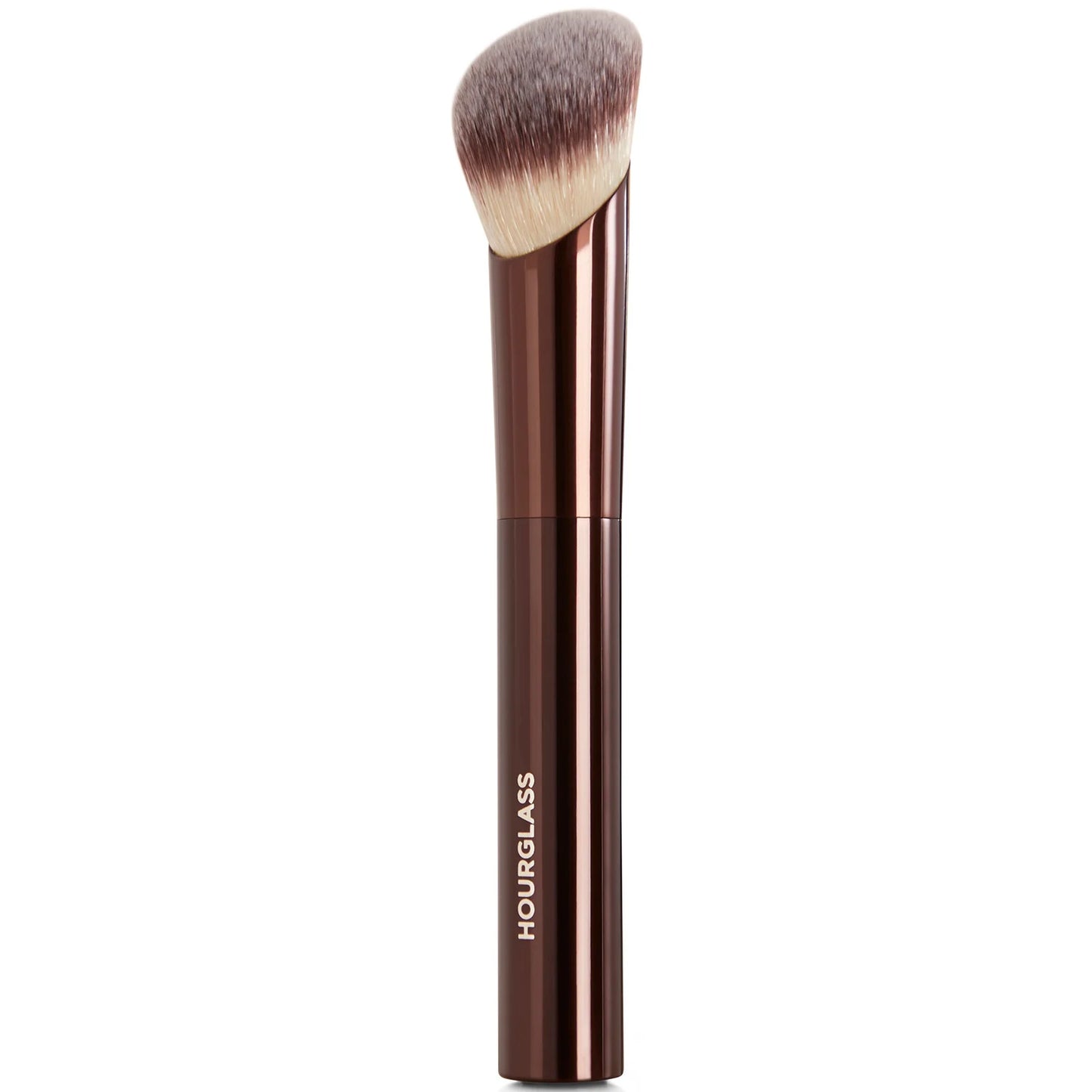Hourglass Ambient Soft Glow Foundation Brush with tapered bristles and sleek metallic handle, shown laid flat.