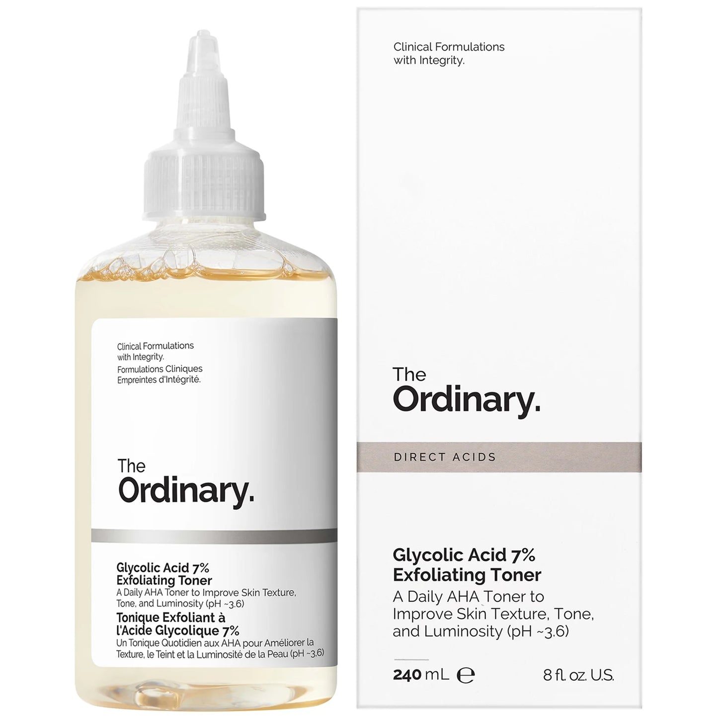 The Ordinary Glycolic Acid 7% Exfoliating Toner 240ml in clear bottle with white label and screw cap, ideal for brightening and refining skin texture