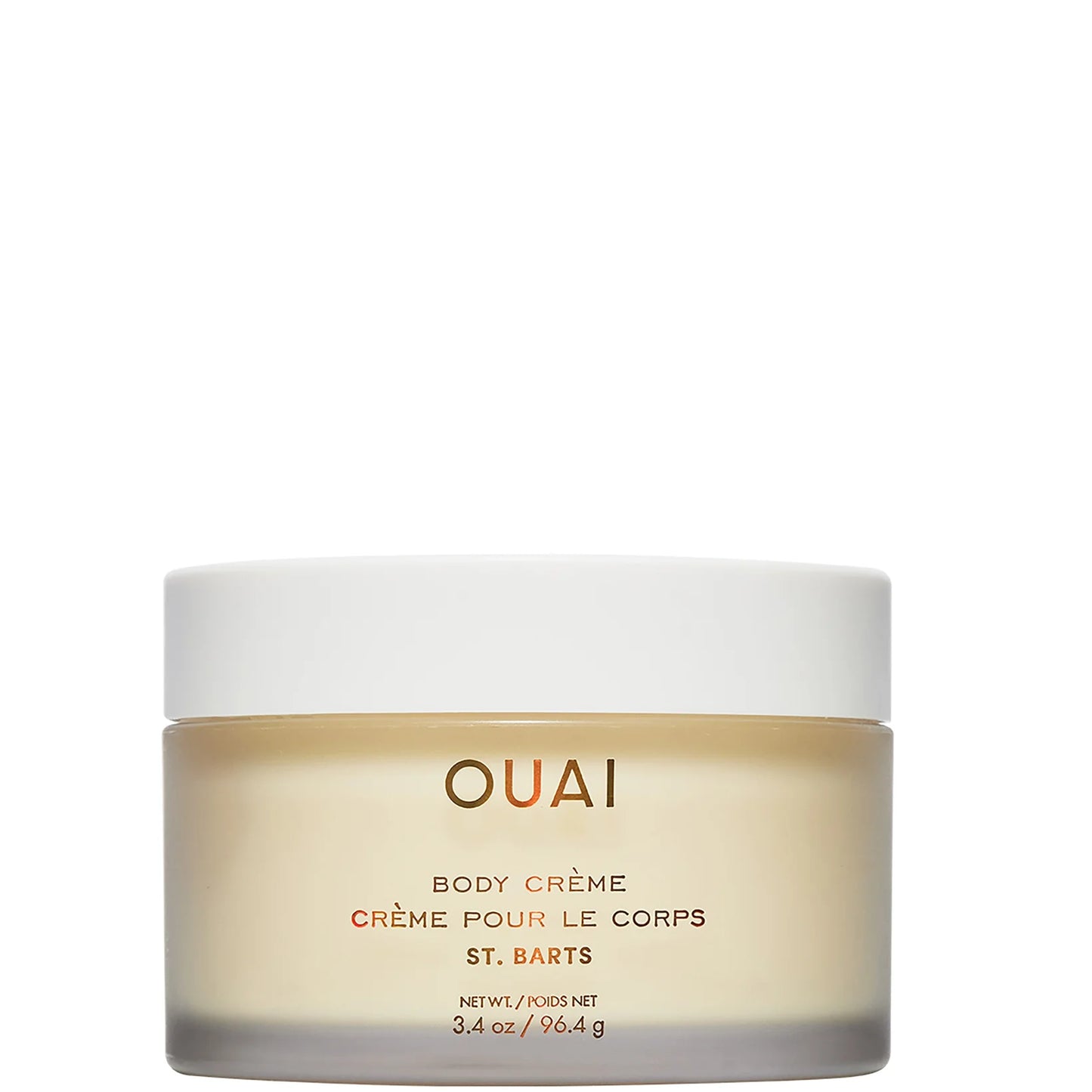 OUAI St Barts Body Crème Travel Size 96.4g, compact white jar with minimalist label, infused with tropical fragrance and rich hydrating formula