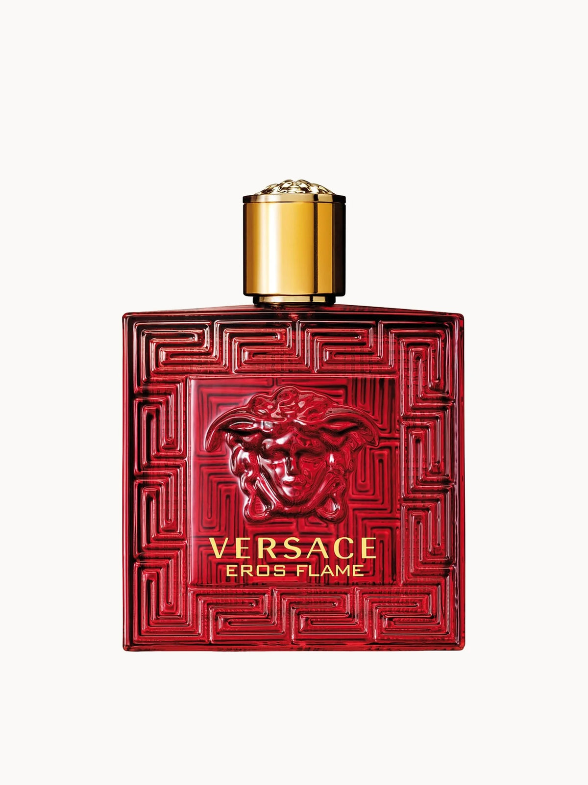 Versace Eros Flame Eau de Parfum Vapo 100ml, black glass bottle with gold cap shaped like a classical column, Versace Medusa emblem