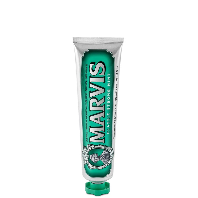 Marvis Classic Strong Mint Toothpaste 85ml mint green toothpaste tube with white cap and Marvis branded packaging