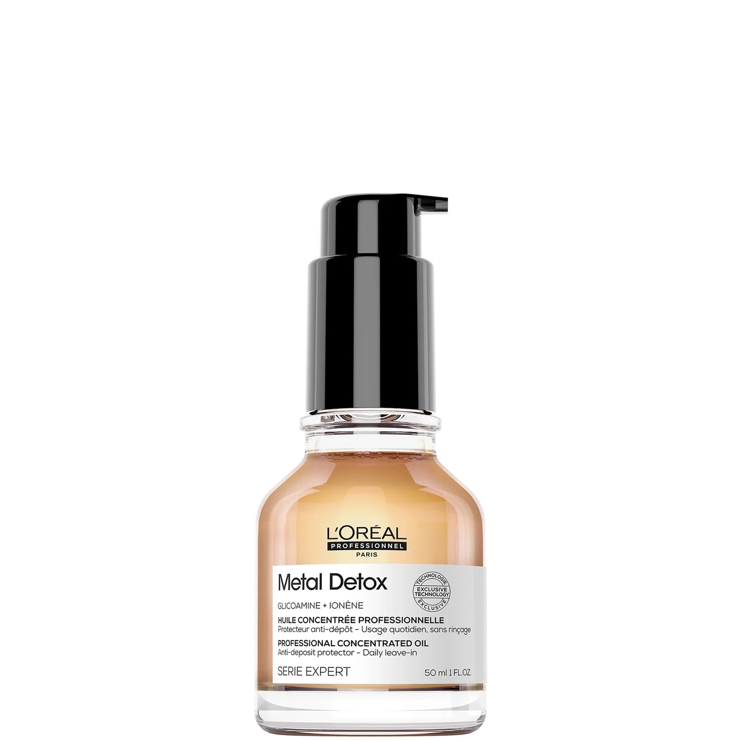 L'Oréal Professionnel Metal Detox Anti-deposit Protector Concentrated Hair Oil 50ml, sleek amber bottle with black pump