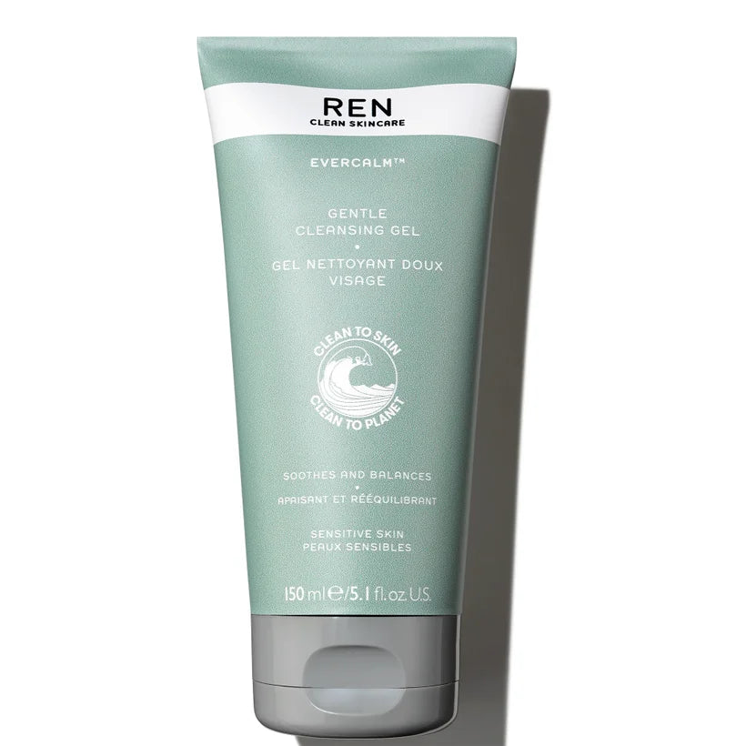 REN Clean Skincare Evercalm Gentle Cleansing Gel 150ml soft squeeze tube displayed in REN Evercalm packaging